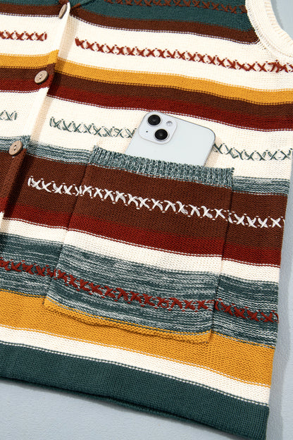 Striped Knit Button Front Sweater Vest