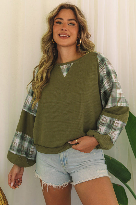 Green Plaid Patch Waffle Knit Exposed Seam Bubble Sleeve Top