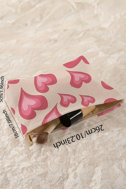White Hearts Print Zipper Corduroy Large Cosmetic Bag