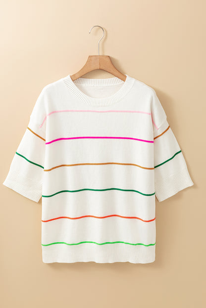 Colorblock Striped Half Sleeve Drop Shoulder Sweater