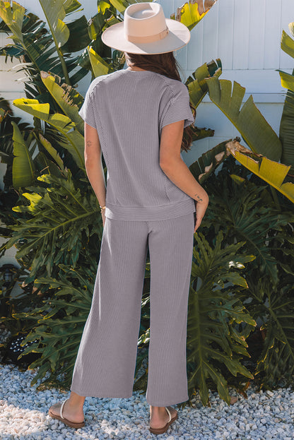 Green Ribbed Knit Lounge Set Wide Leg Pants Outfit