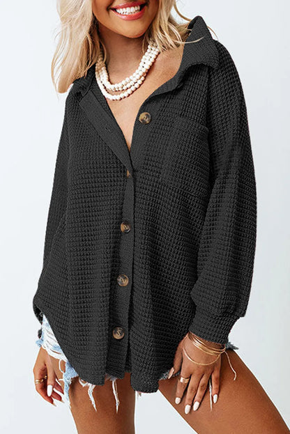 Waffle Knit Button-Up Oversized Casual Shirt