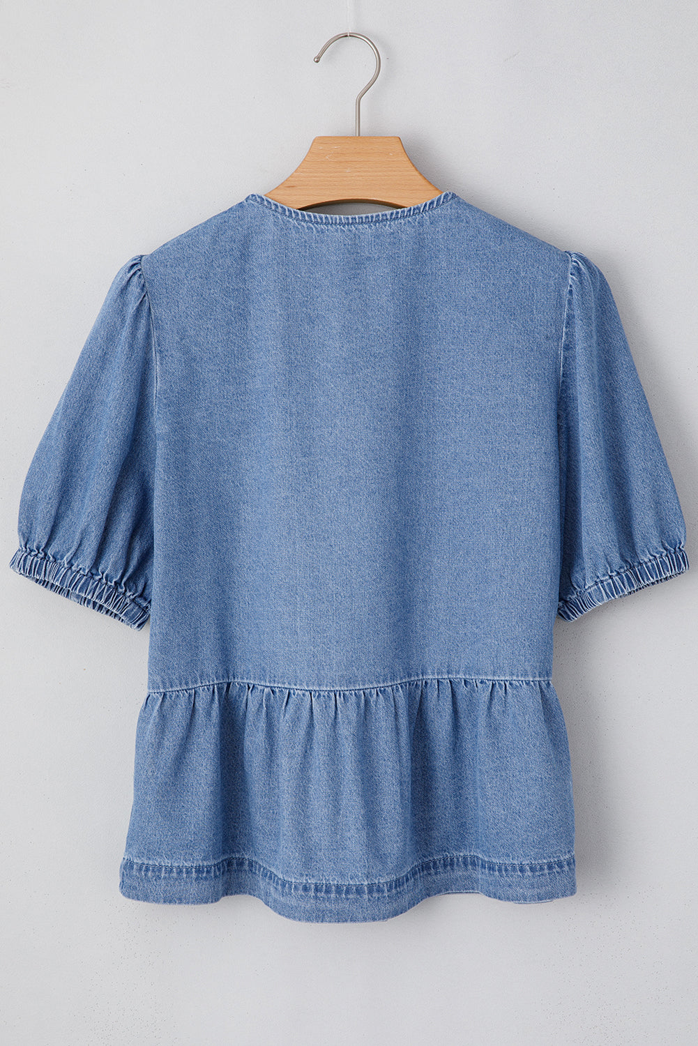 Blue Denim Tie Front Puff Sleeve Peplum Blouse