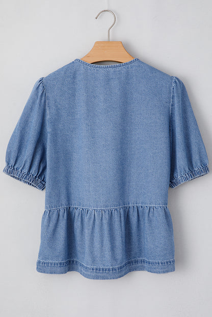 Blue Denim Tie Front Puff Sleeve Peplum Blouse