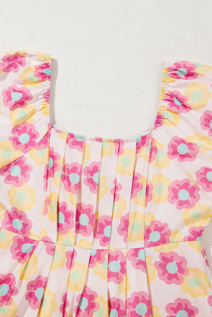 Rose Floral Square Neck Puff Sleeve Babydoll Mini Dress