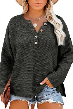 Women's Oversized Sweaters Batwing Long Sleeve Loose V Neck Button Henley Tops Pullover Knit