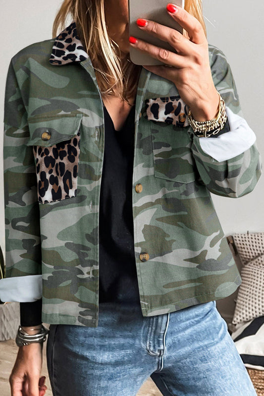 Camo Leopard Patchwork Military Crop Jacket