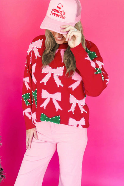 Valentine’s Day Bow Pearl Embellished Knit Sweater