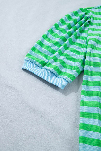 Green Stripe Puff Sleeve Lounge Set Drawstring Shorts