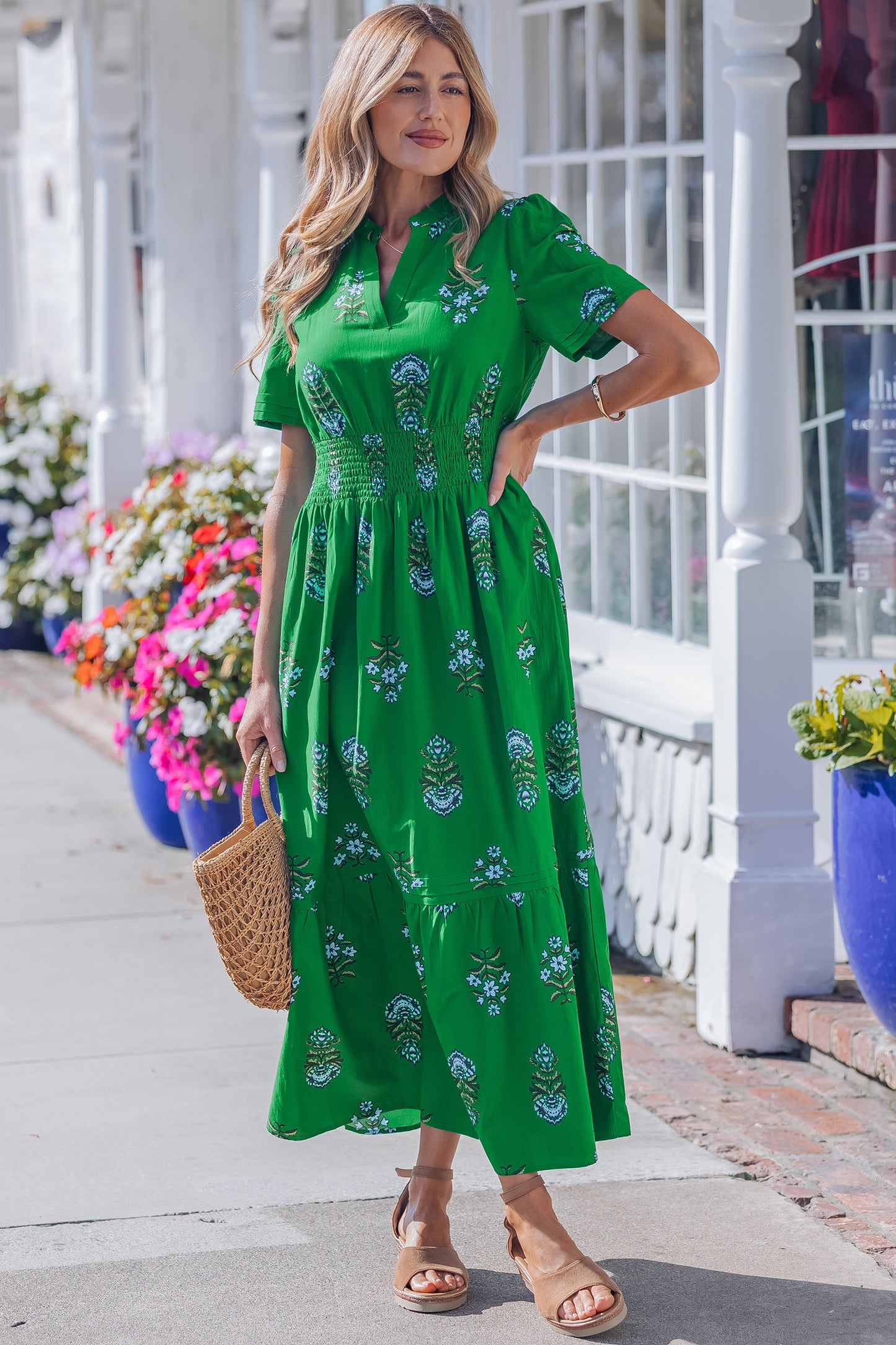 Floral Smocked Waist Maxi Dress Split Neck Boho