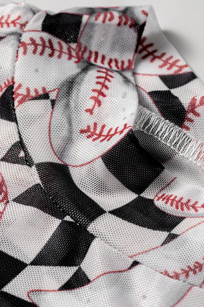 Black Game Day Baseball Bow Plaid Mock Neck Top