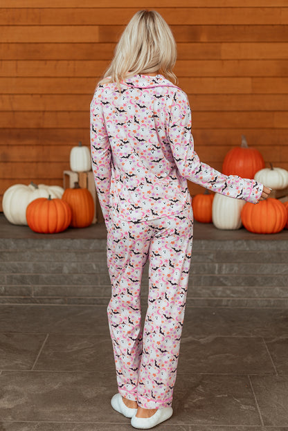 Pink Halloween Ghost Bat Print Pajama Set for Women