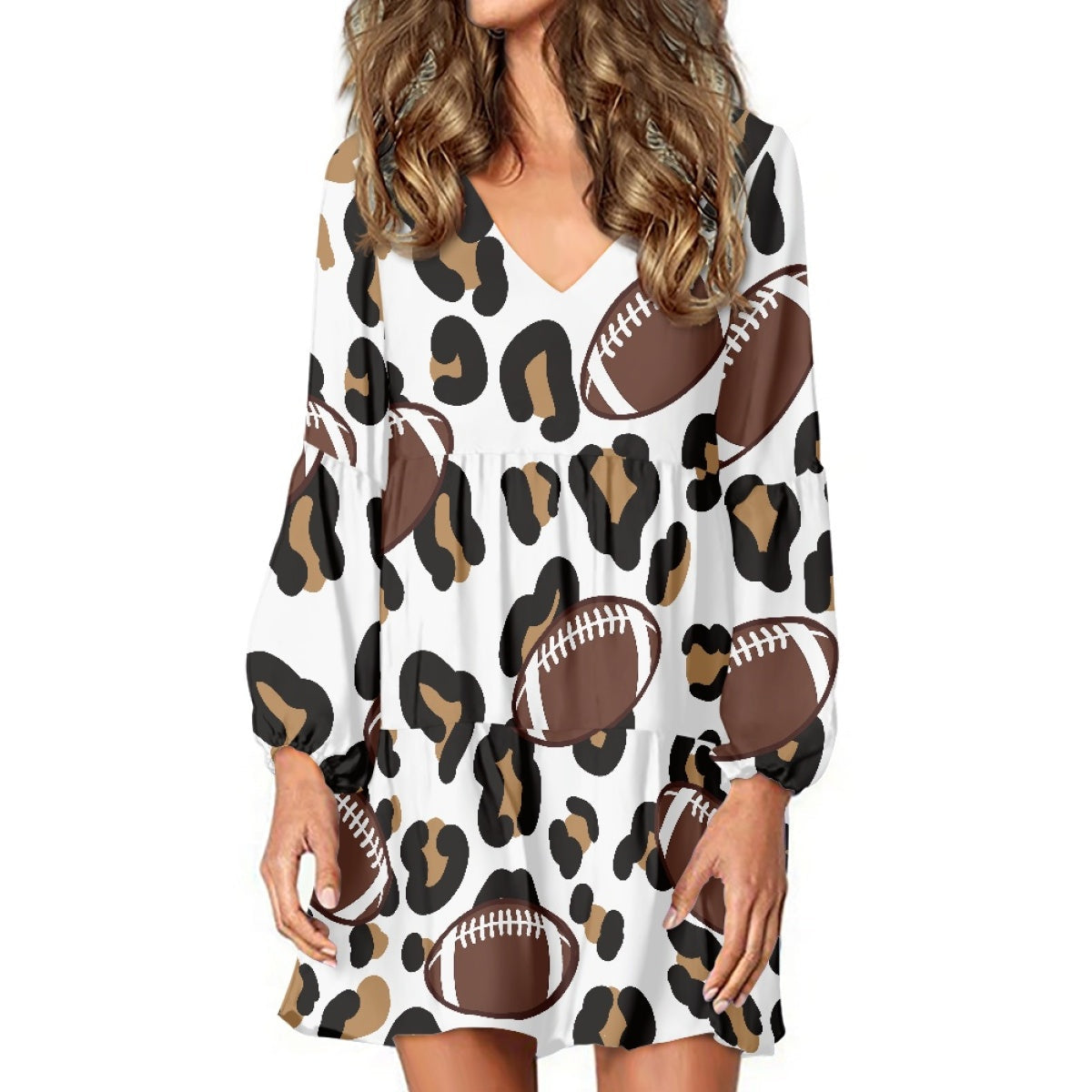 Leopard Rugby Casual Long Sleeve Dress White