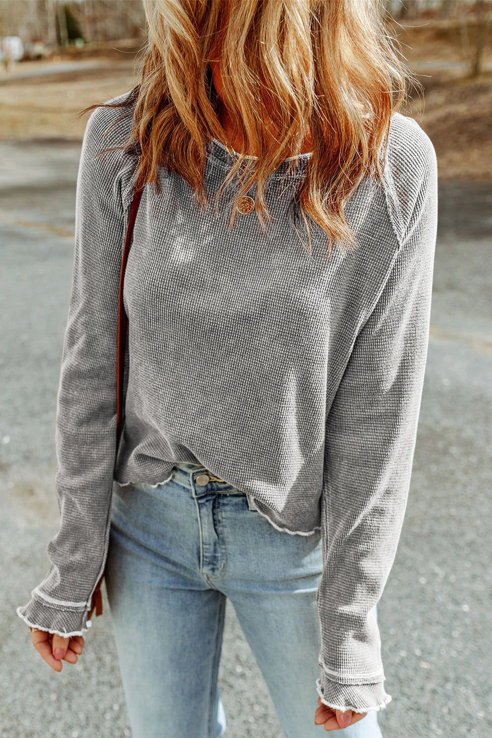 Womens Waffle Knit Long Sleeve Top Casual Crew Neck Tee