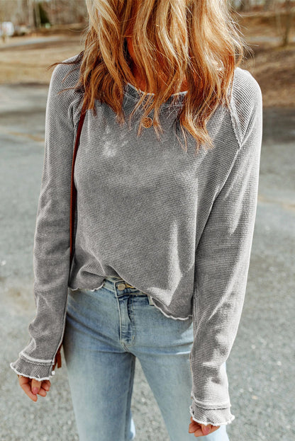 Womens Waffle Knit Long Sleeve Top Casual Crew Neck Tee