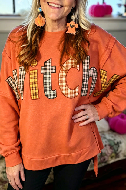 Flamingo Halloween Witchy Plaid Patch Sweatshirt