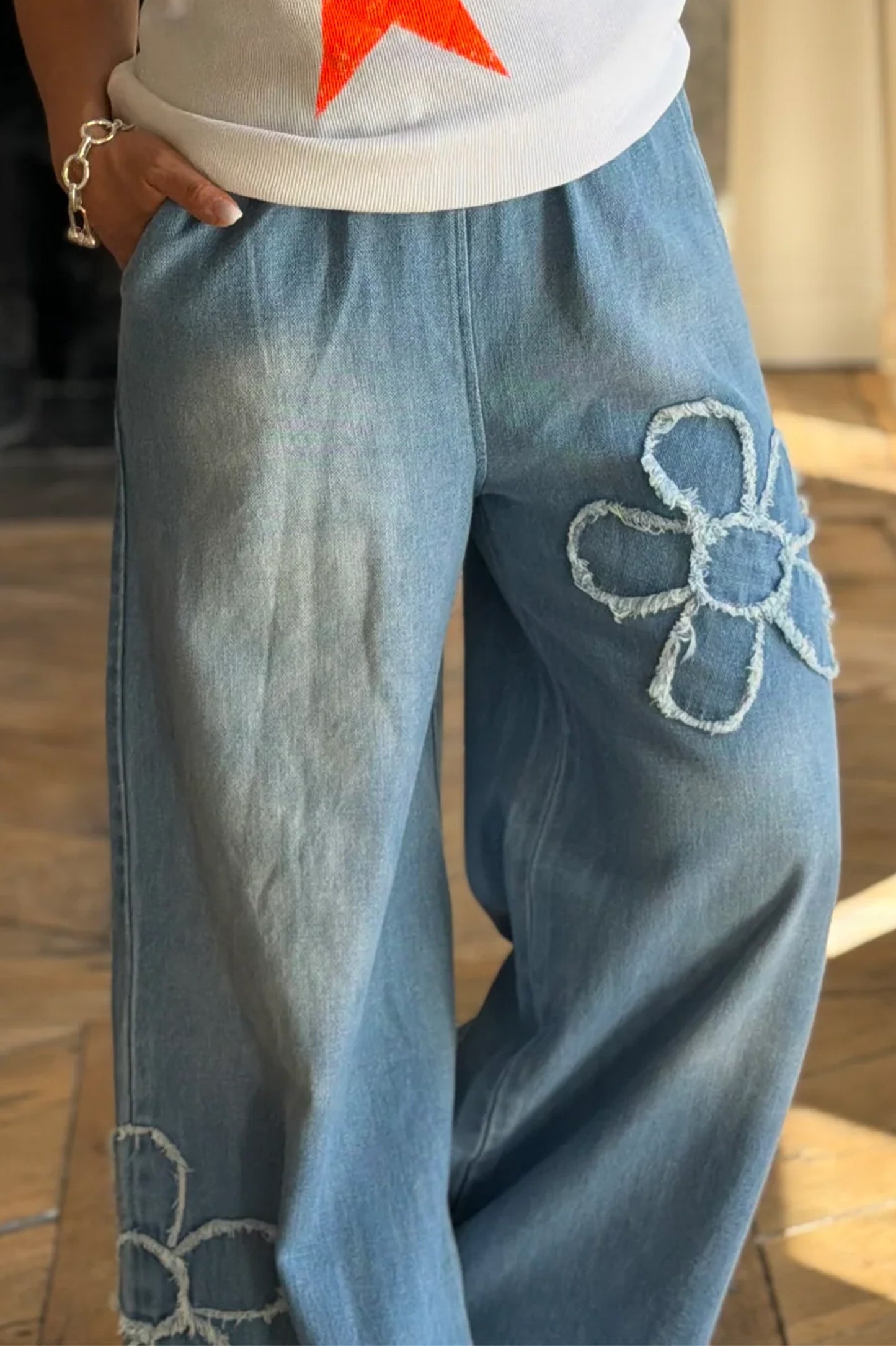 Floral Patch Denim Jeans Wide Leg Raw Hem Pants