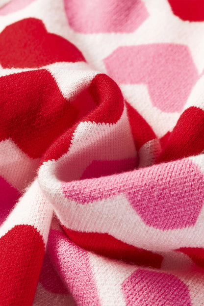 Pink Heart Print Short Sleeve Knit Sweater Valentine Top
