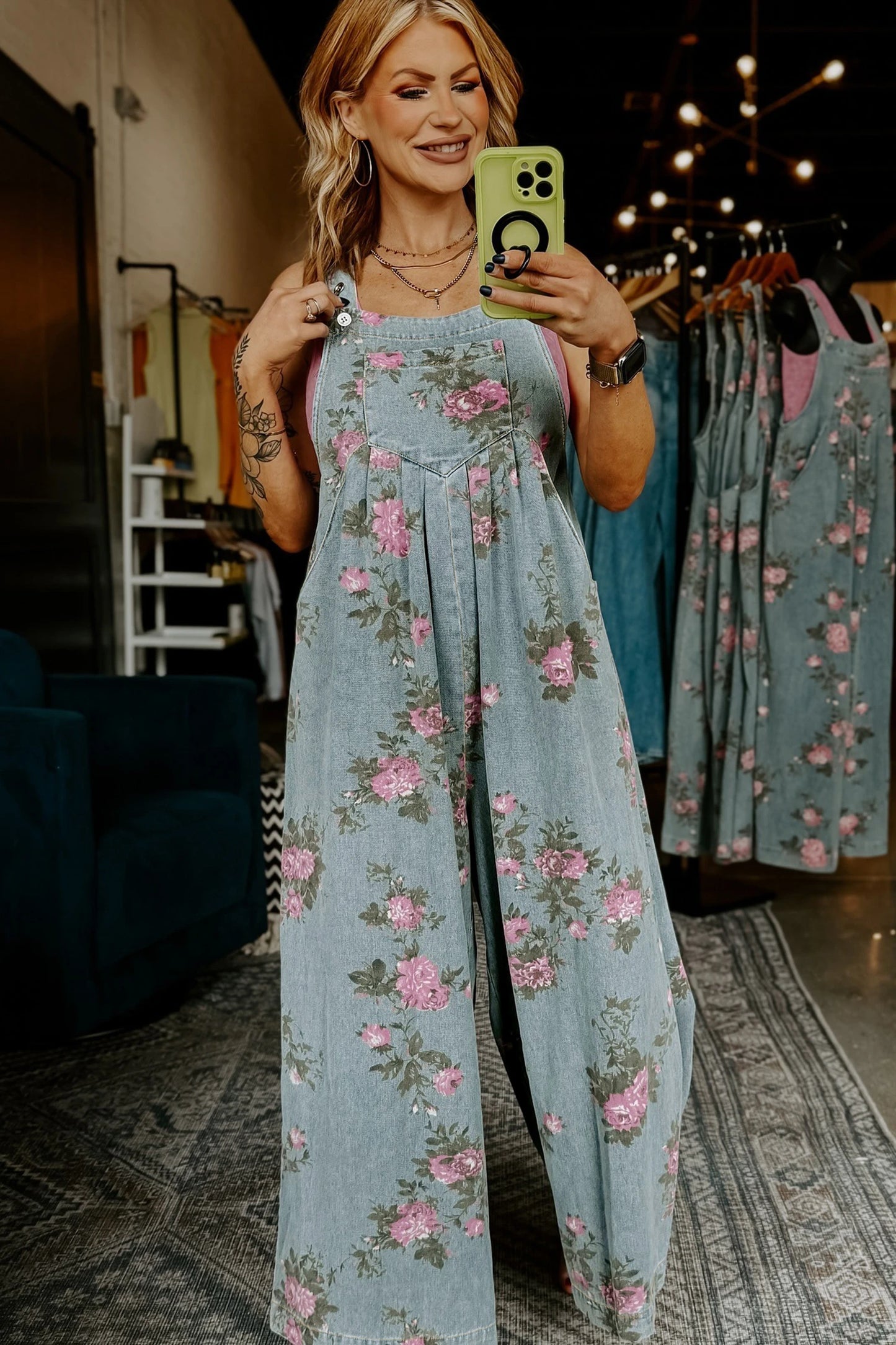 Blue Floral Wide Leg Denim Jumpsuit with Adjustable Straps