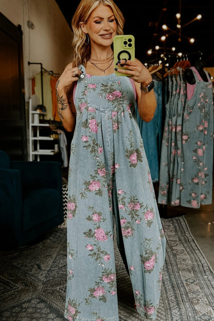 Blue Floral Wide Leg Denim Jumpsuit with Adjustable Straps