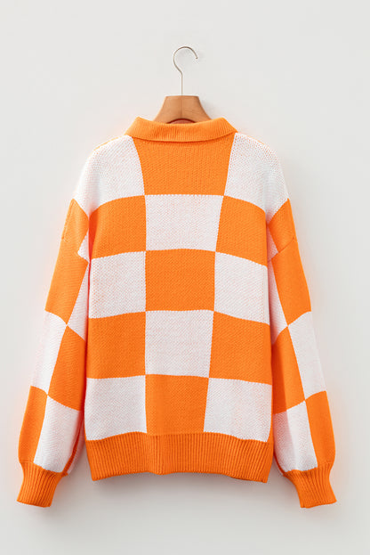 Checkered Polo Collar Loose Knit Sweater