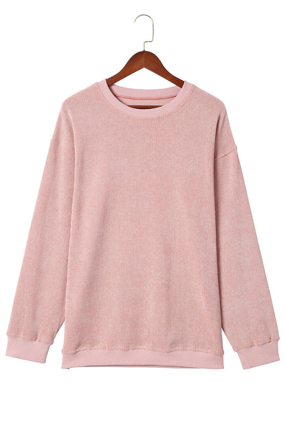 Customizable Solid Ribbed Knit Round Neck Casual PulloverSweatshirt