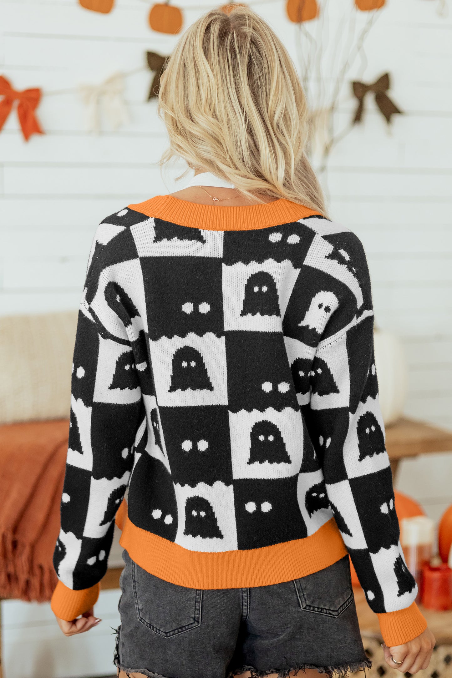 Halloween Ghost Print Open Front Knit Cardigan