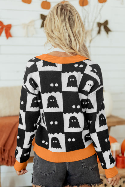 Halloween Ghost Print Open Front Knit Cardigan