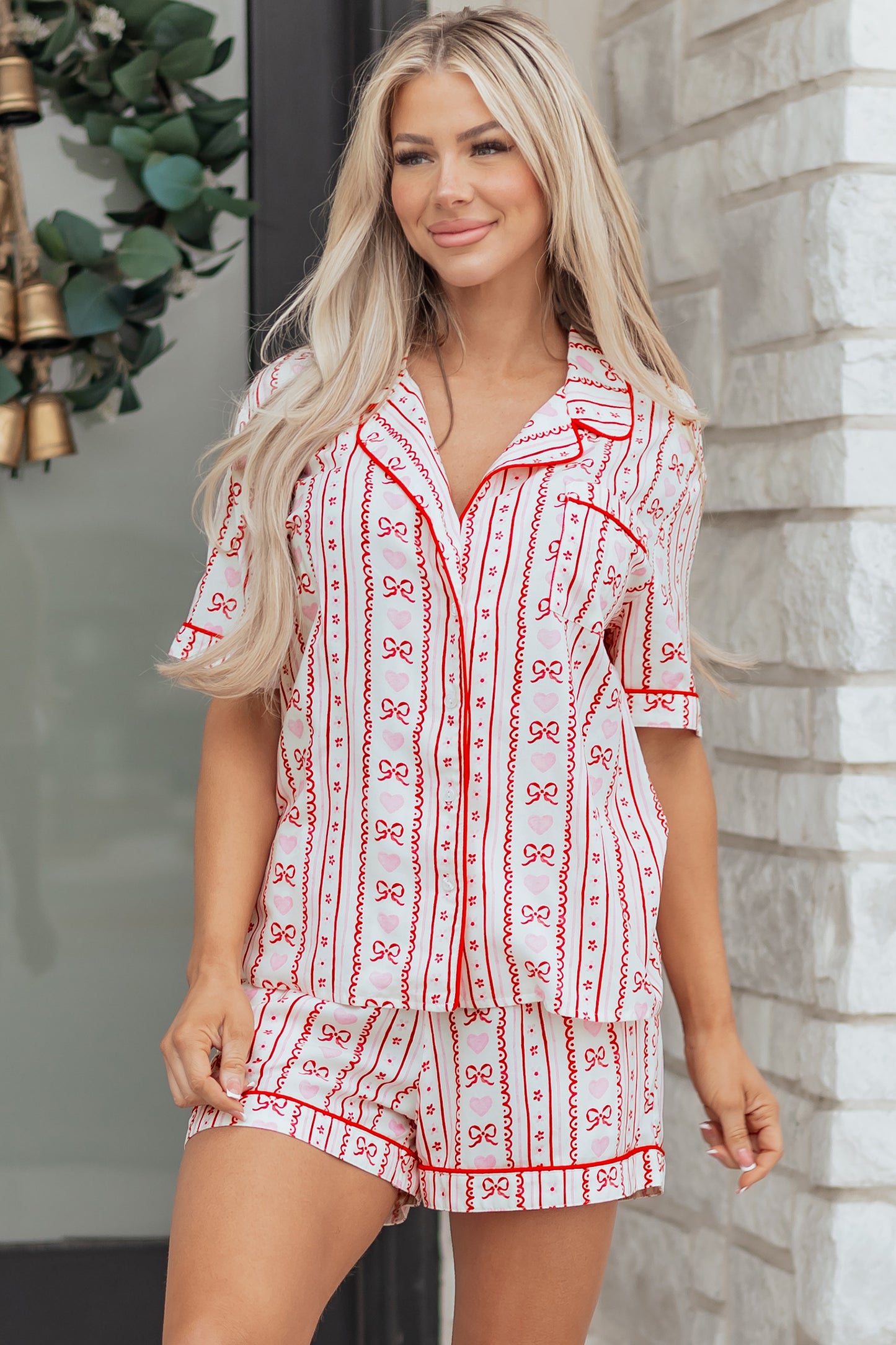 Valentines Heart Bow Print Ribbon Trim 2 Piece Pajama Set