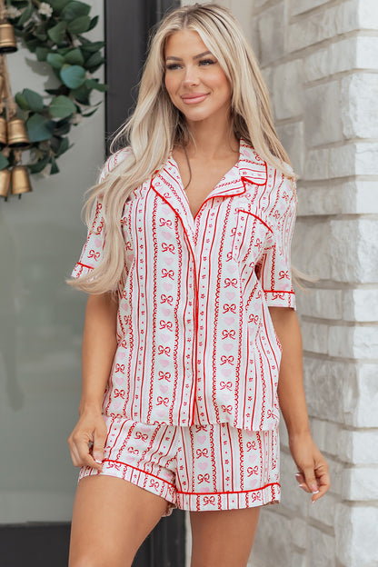Valentines Heart Bow Print Ribbon Trim 2 Piece Pajama Set