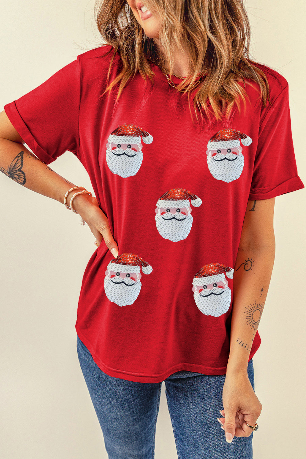 Santa Claus Graphic Christmas Faux Sequin T Shirt