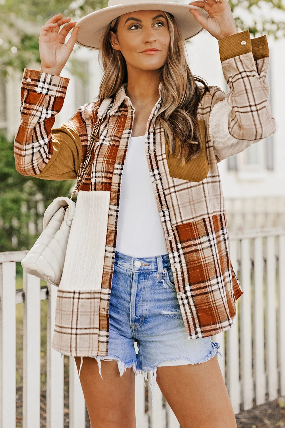 Color Block Plaid Corduroy Shacket with Pocket