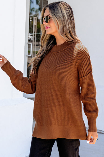 Orchid Purple Mock Neck Ribbed Knit Oversized Sweater Top