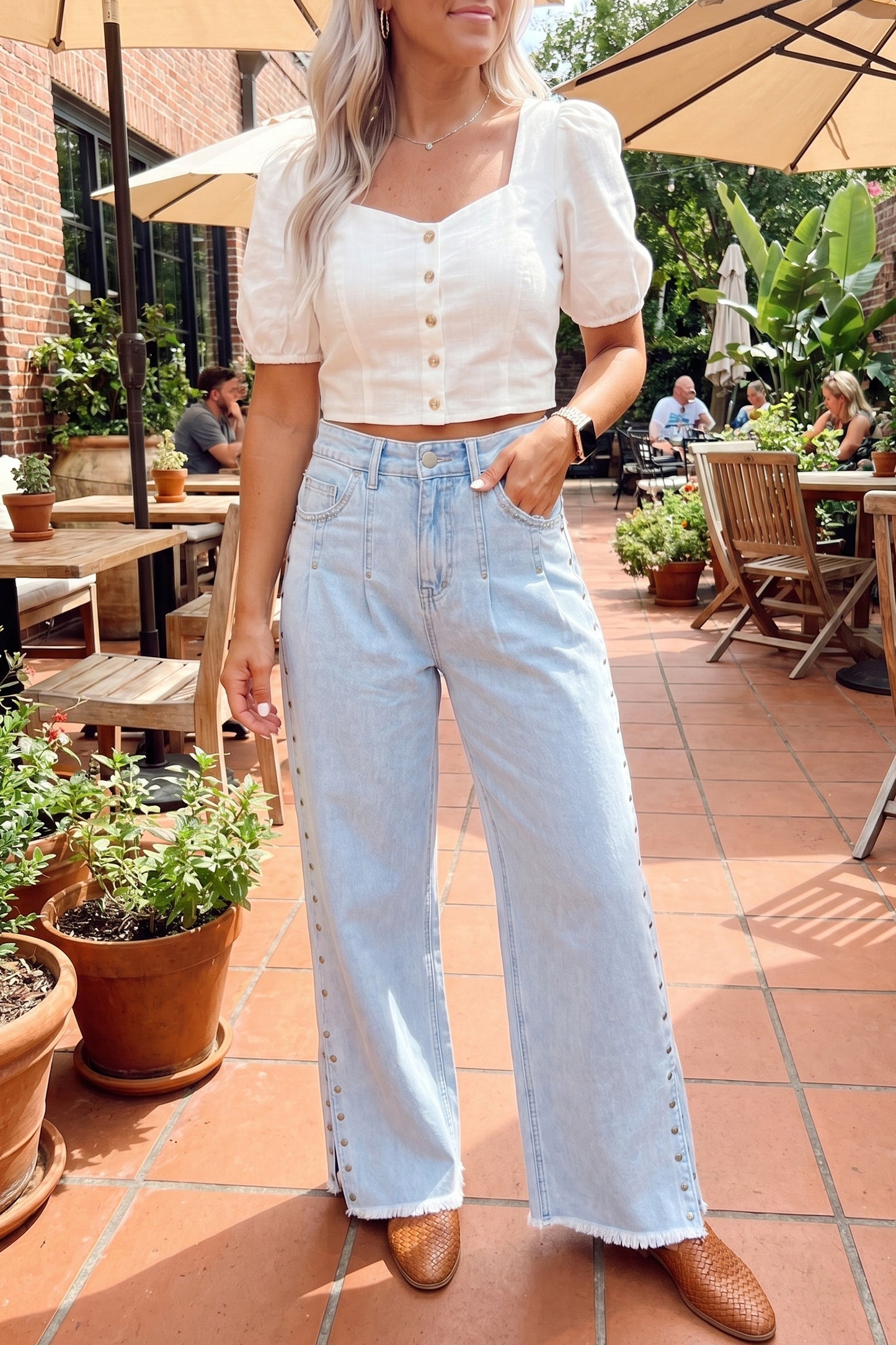 Beau Blue Studded Side Slit Wide Leg Jeans Frayed Pockets