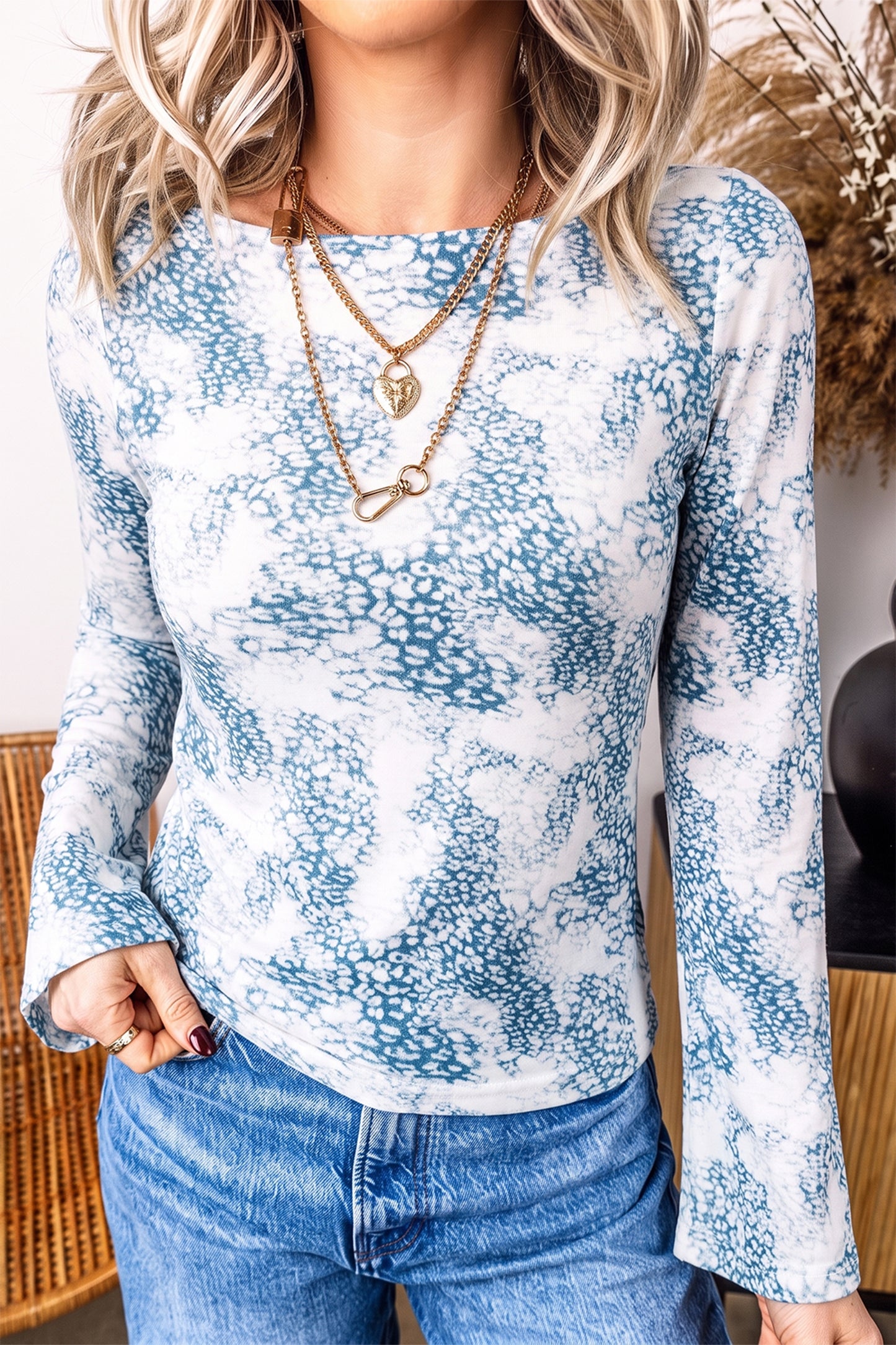 Snakeskin Print Long Sleeve Fitted Top