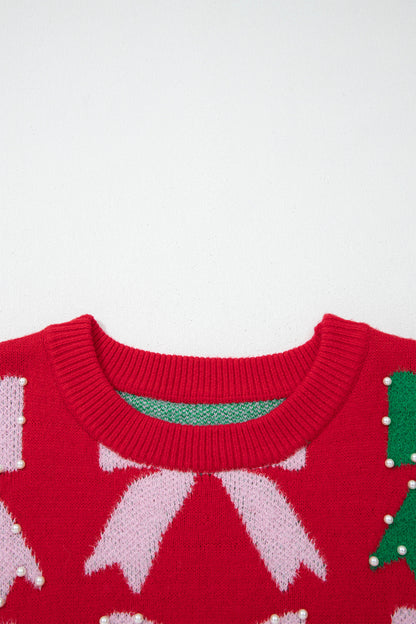 Valentine’s Day Bow Pearl Embellished Knit Sweater