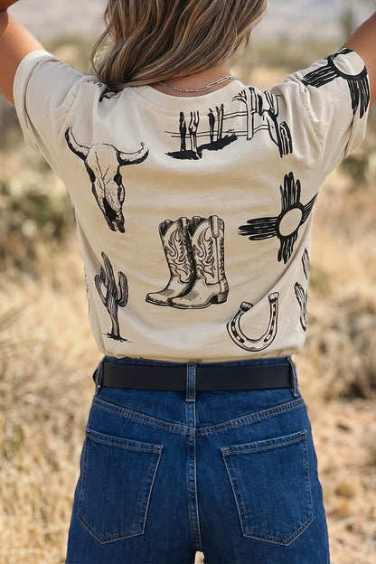 Beige Western Graphic Cowboy Boots Cactus Vintage Tee