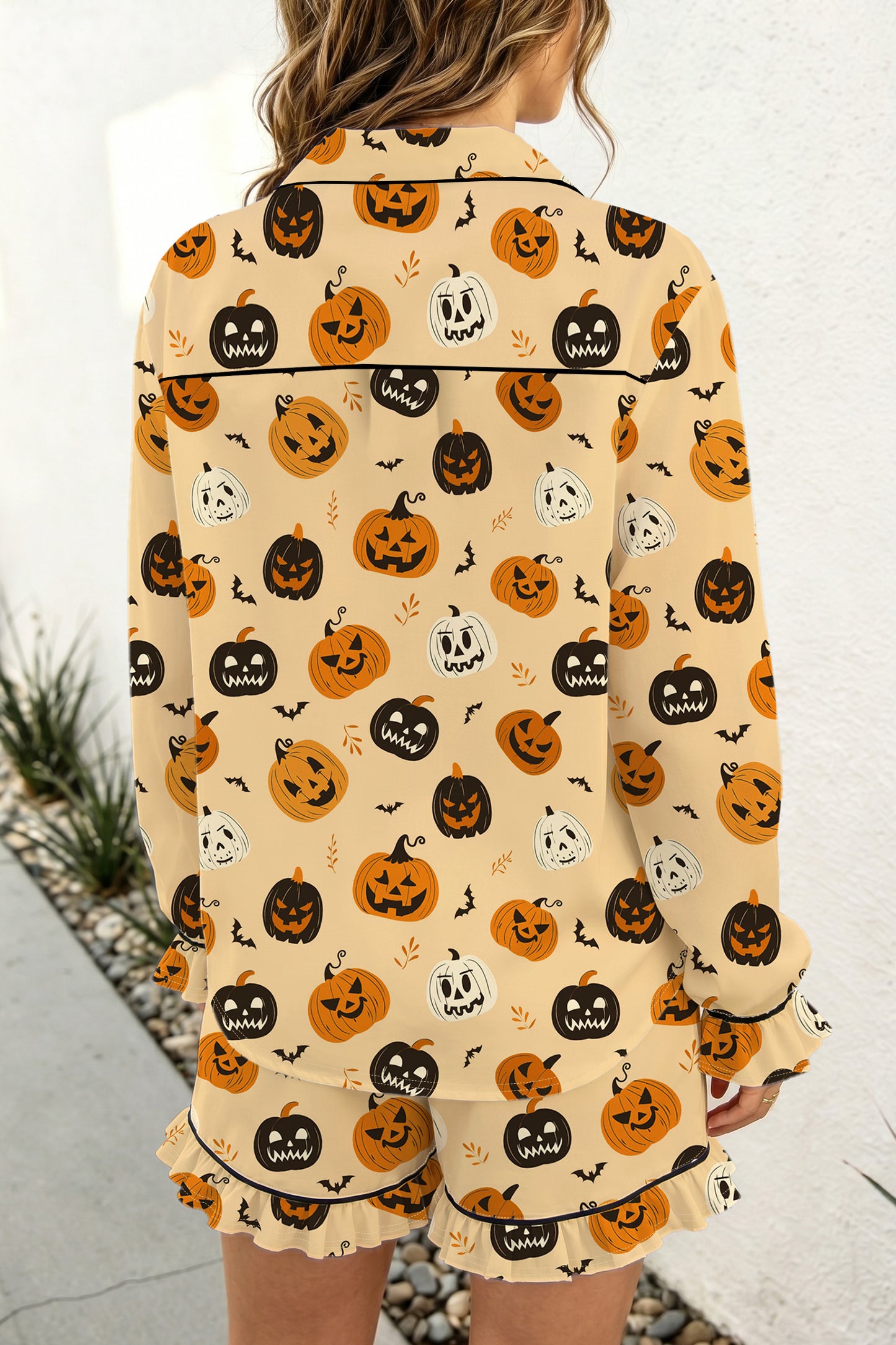 Halloween Pumpkin Print Ruffle Shorts Pajama Set