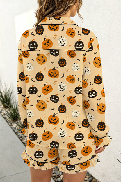 Halloween Pumpkin Print Ruffle Shorts Pajama Set