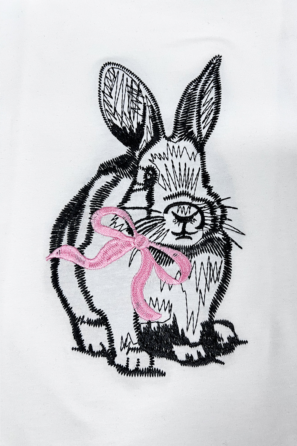 Easter Bunny Bow Embroidered White Casual Graphic Tee