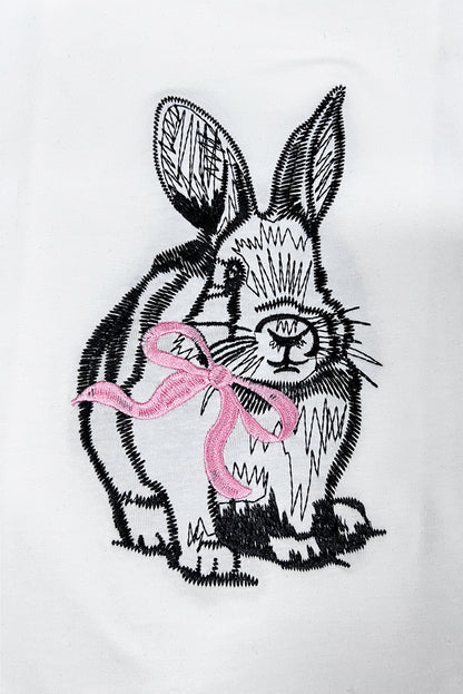 Easter Bunny Bow Embroidered White Casual Graphic Tee