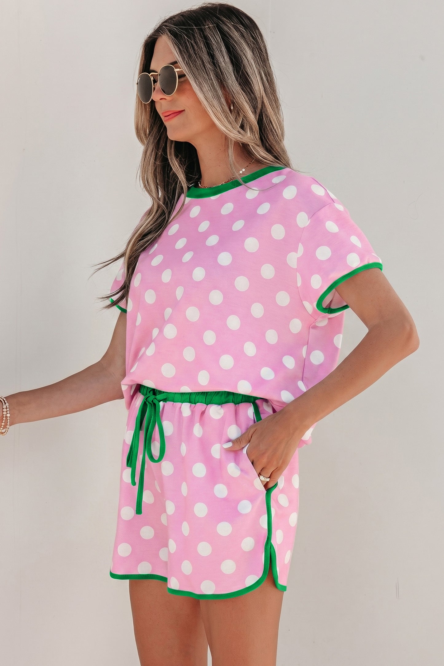 Polka Dot Lounge Set Contrast Trim Tee and Shorts