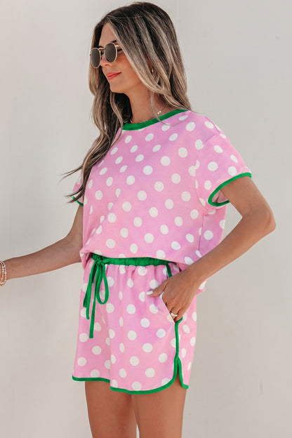 Polka Dot Lounge Set Contrast Trim Tee and Shorts