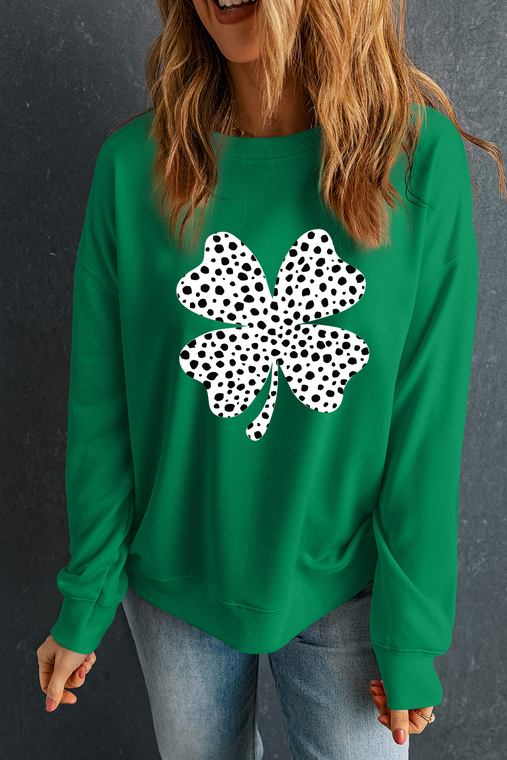 Dark Green Polka Dot Clover St Patrick’s Drop Shoulder Sweatshirt