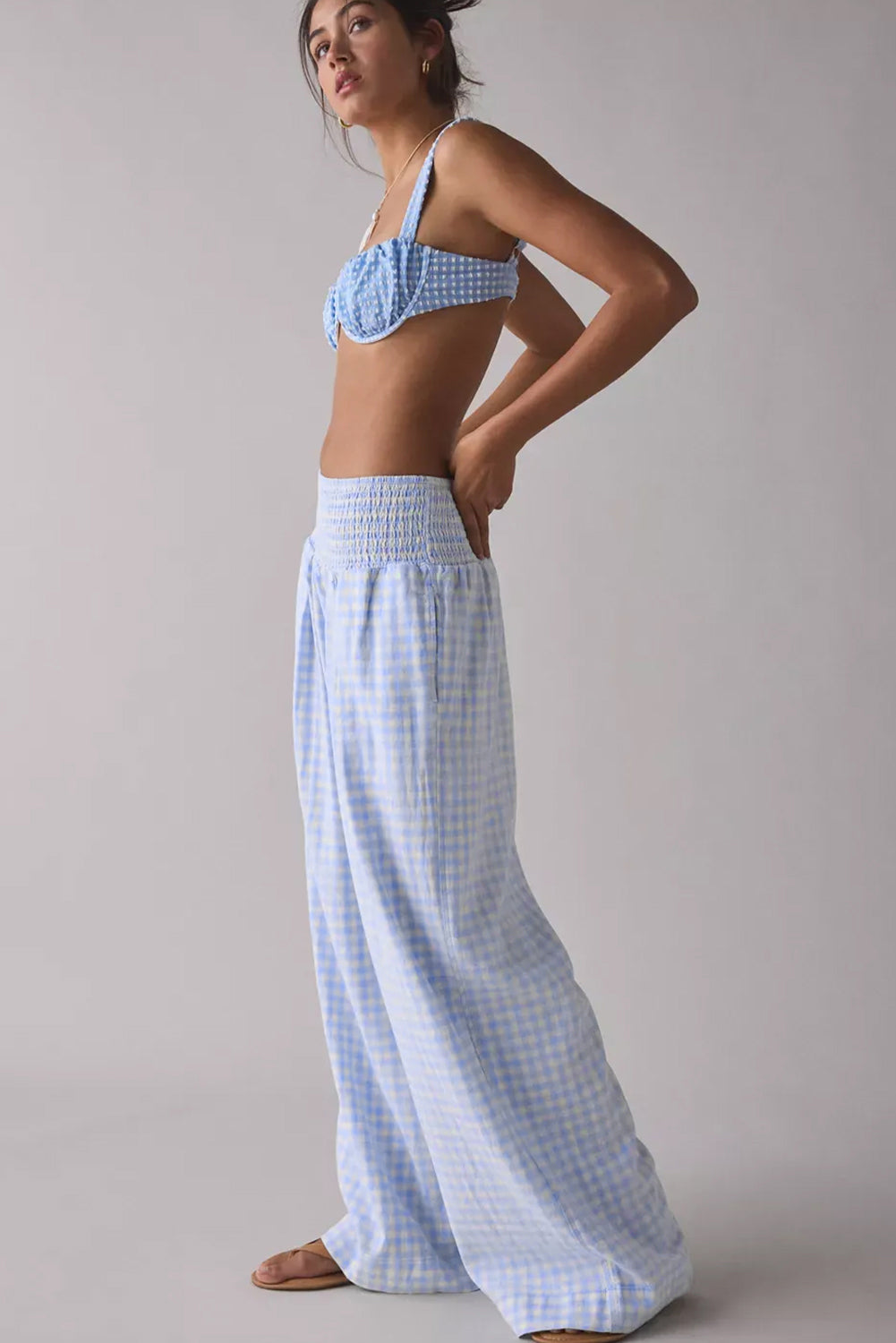 Plaid Smocked High Waist Wide Leg Casual Pants