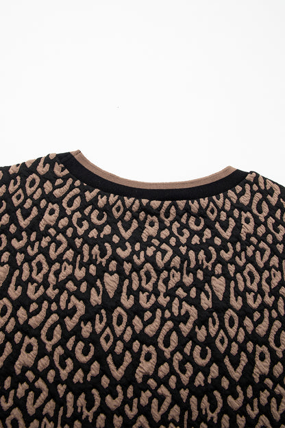 Leopard Print Crew Neck Puff Sleeve Knit Top