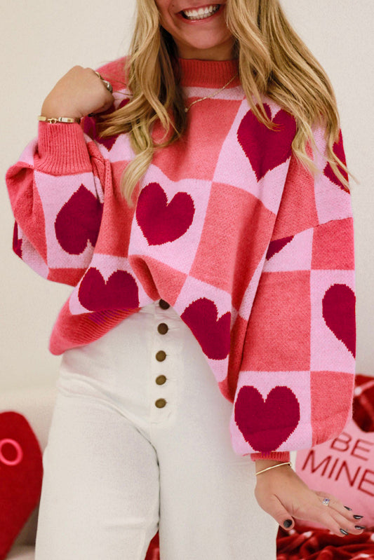 Pink Heart Checker Valentine Mock Neck Lantern Sleeve Sweater