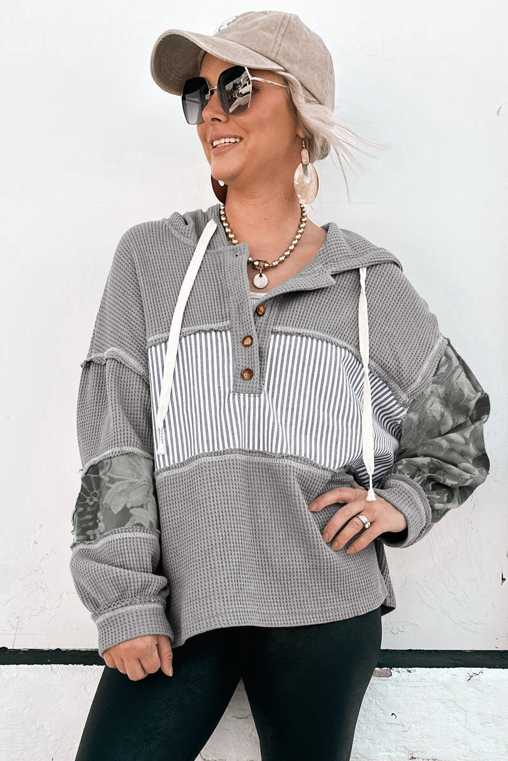 Cinnamon Waffle Printed Patchwork Drawstring Hooded Long Sleeve Top