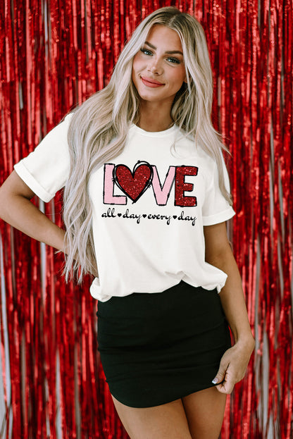 Valentines Day White LOVE Heart Graphic Crew Neck Tee