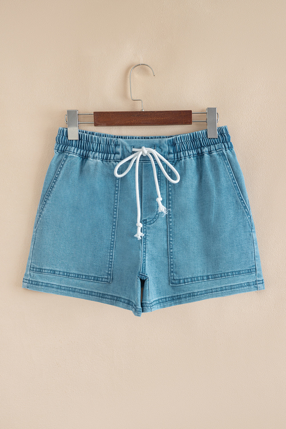 Light Wash Drawstring Denim Shorts Elastic Waist Pockets